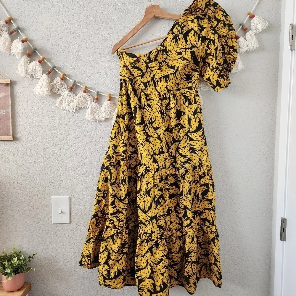 Farm Rio Spotted Bananas Puff One Shoulder Tiered Ruffle Midi Dress Beach S - Picture 1 of 13